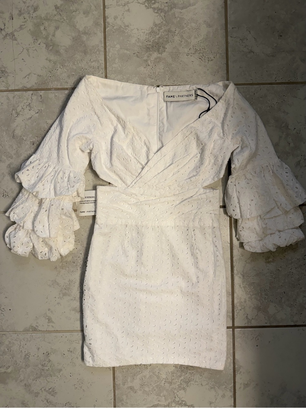 Fame + Partners|White Eyelet Ruffle Sleeve Cut Out Portrait Neck Mini Dress|Sz 6